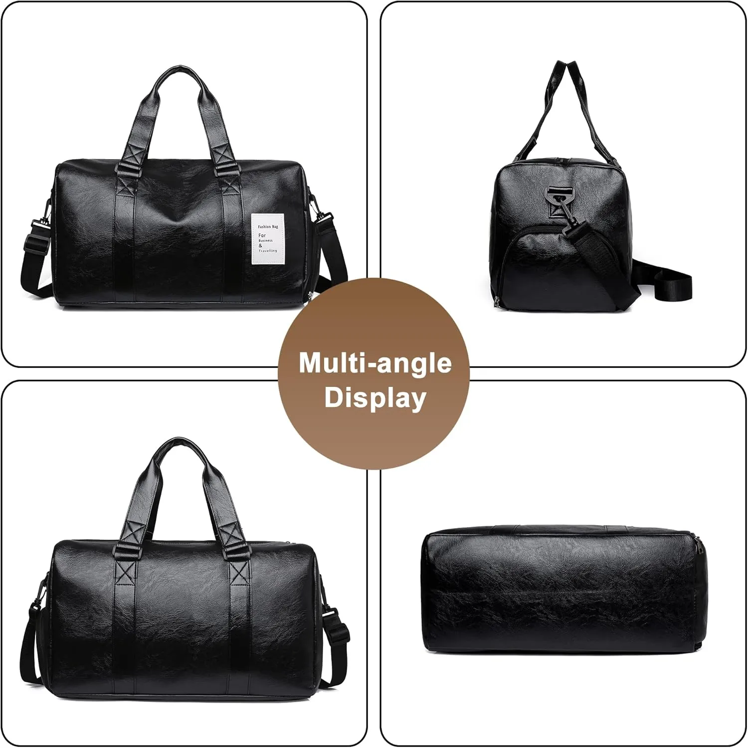 Men's Carry on Travel Duffel Bag PU Leather Weekender Overnight Bag Waterproof Handbag for Travel Camping Hiking (Black)