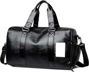 Men's Carry on Travel Duffel Bag PU Leather Weekender Overnight Bag Waterproof Handbag for Travel Camping Hiking (Black)