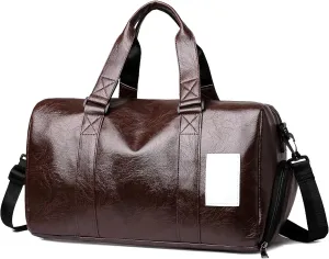 Men's Carry on Travel Duffel Bag PU Leather Weekender Overnight Bag Waterproof Handbag for Travel Camping Hiking (Brown)