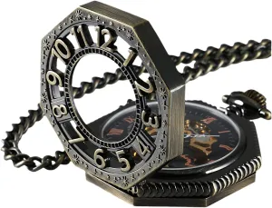 Men's Pocket Watch, Vintage Railroad Mechanical Hand Winding Pocket Watch with Chain, Bronze Numerals Octagon Steampunk Pocketwatch, Lucky Gifts for Men CHPW02