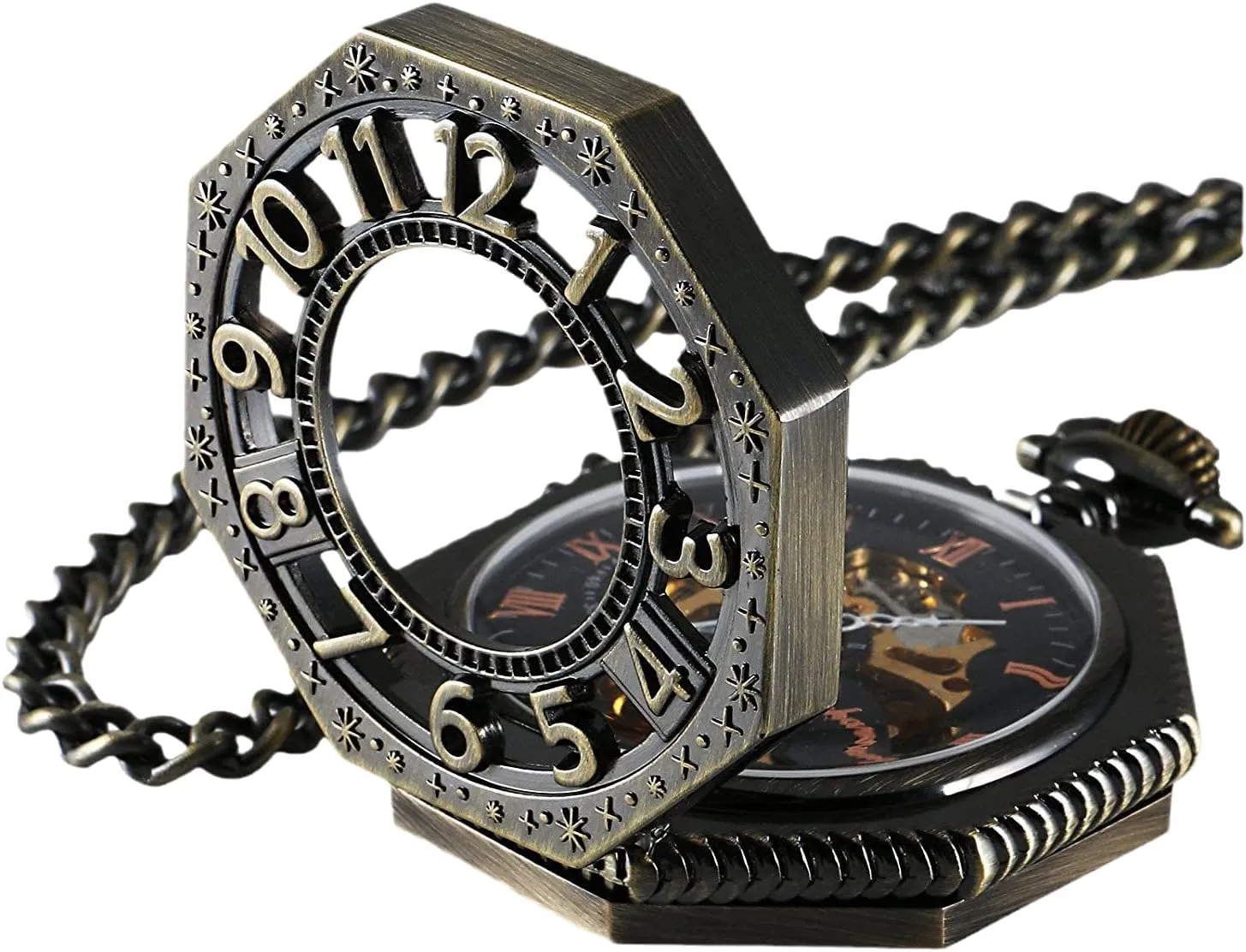 Men's Pocket Watch, Vintage Railroad Mechanical Hand Winding Pocket Watch with Chain, Bronze Numerals Octagon Steampunk Pocketwatch, Lucky Gifts for Men CHPW02