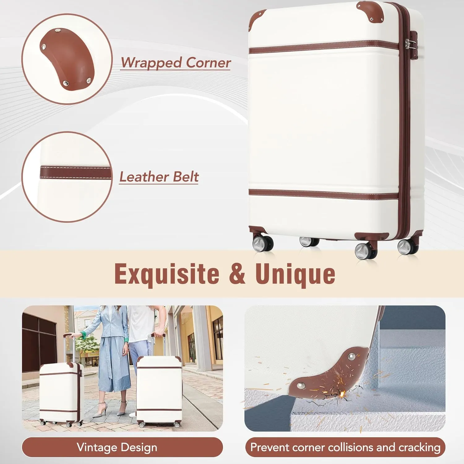 Merax Luggage Set, 2 Piece Luggage with Cosmetic Case, Vintage Hardcase Suitcase with Wheels, Expandable Luggage Airline Approved(White,20" 24")