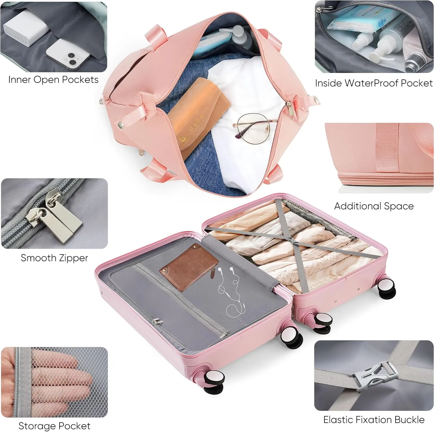Merax Luggage with Cup Holder and USB Port with Cosmetic Carry On Bag and TSA, Baby Pink, 2-Piece Set