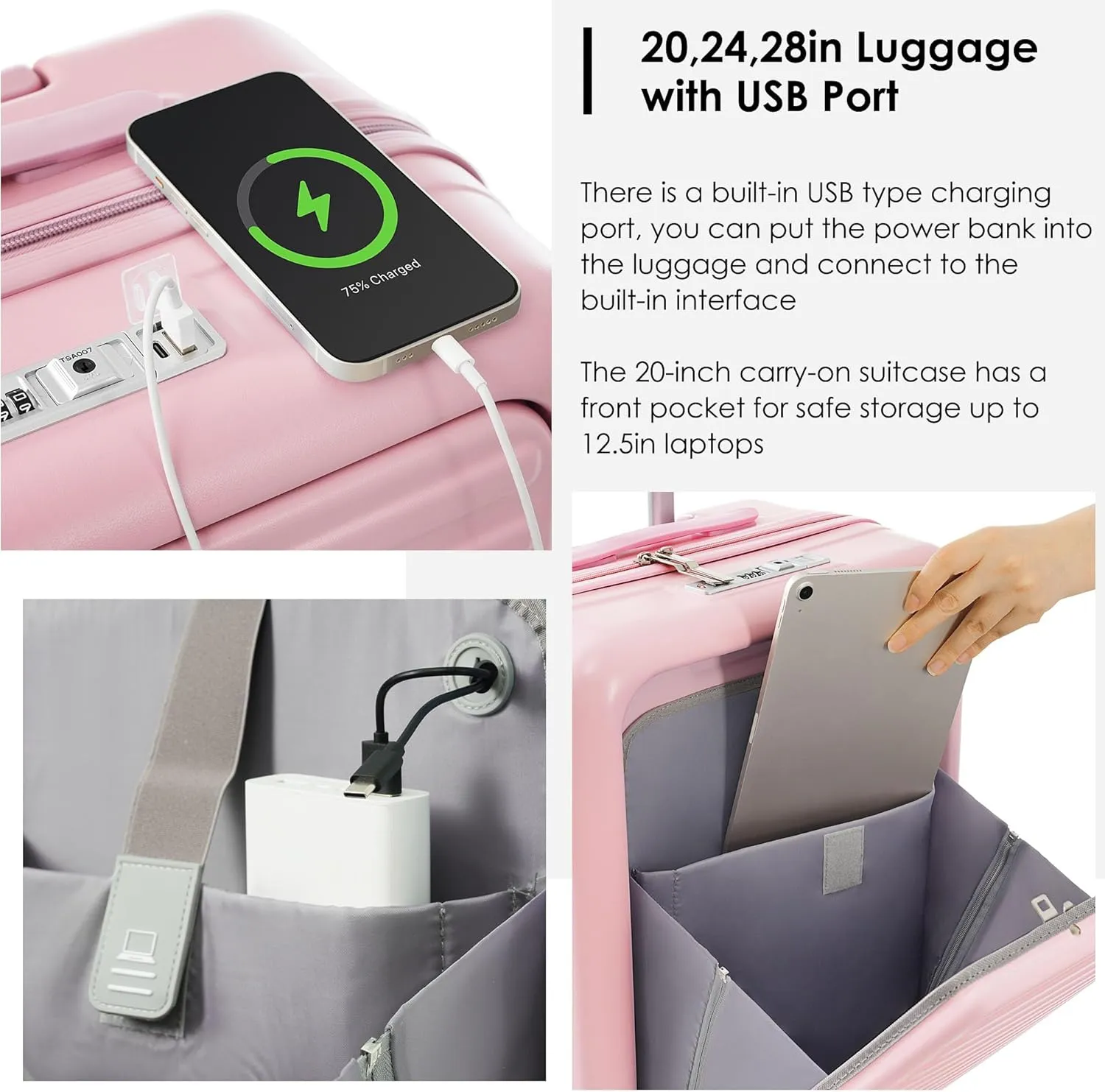 Merax Luggage with Cup Holder and USB Port with Cosmetic Carry On Bag and TSA, Baby Pink, 2-Piece Set