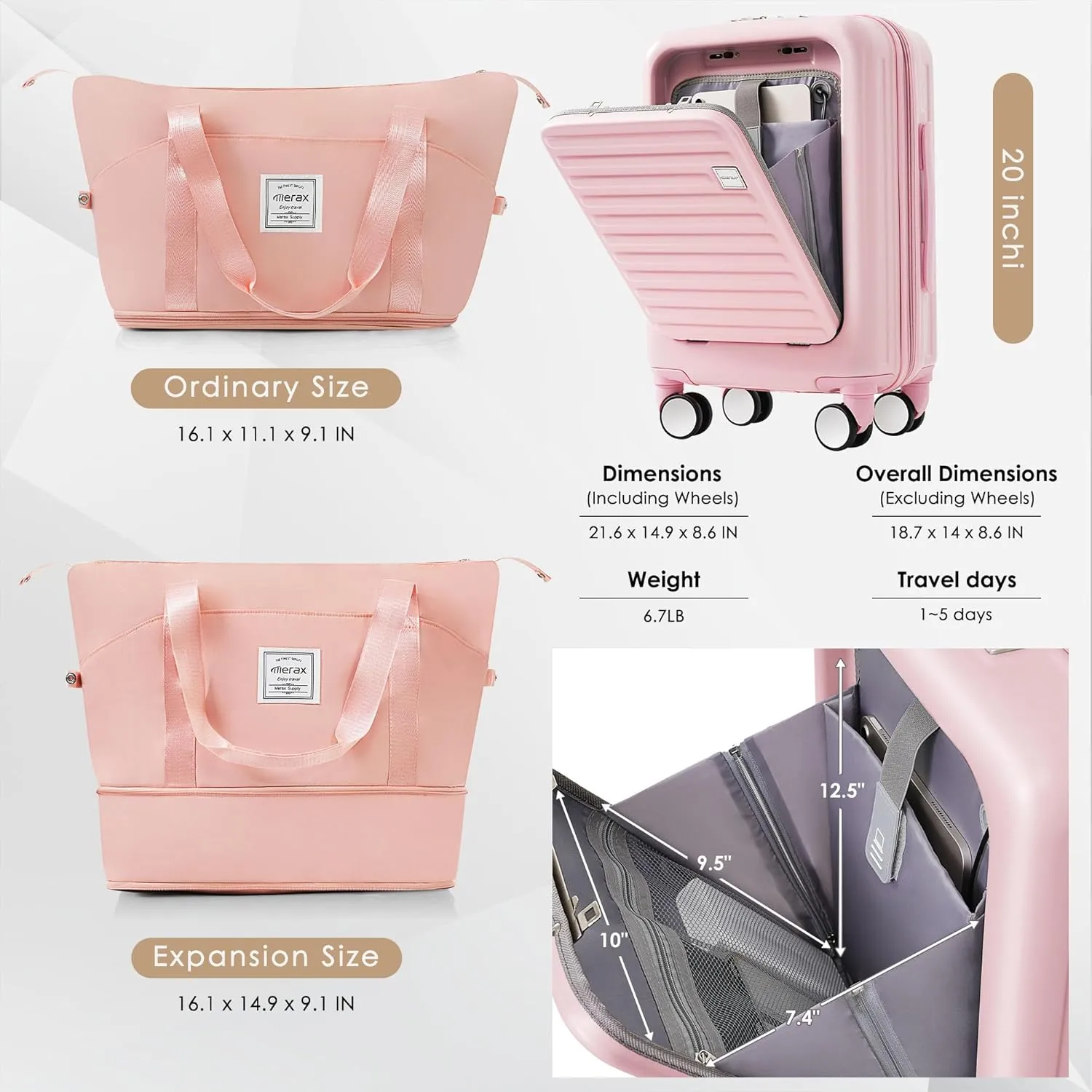 Merax Luggage with Cup Holder and USB Port with Cosmetic Carry On Bag and TSA, Baby Pink, 2-Piece Set