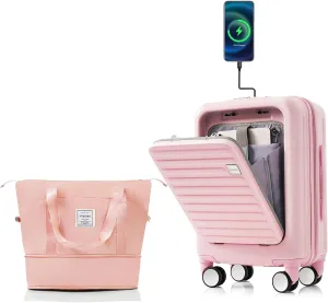 Merax Luggage with Cup Holder and USB Port with Cosmetic Carry On Bag and TSA, Baby Pink, 2-Piece Set