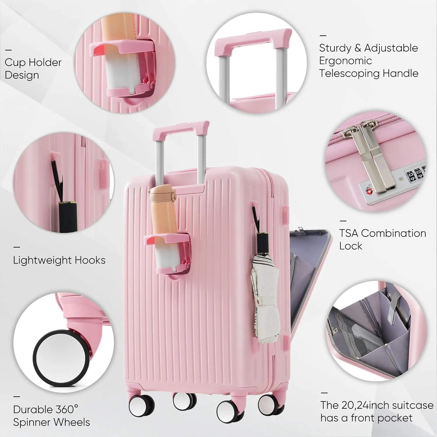 Merax Luggage with Cup Holder and USB Port with Cosmetic Carry On Bag and TSA, Baby Pink, 2-Piece Set