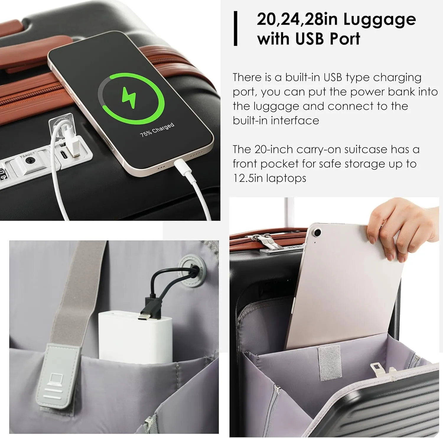 Merax Luggage with Cup Holder and USB Port with Cosmetic Carry On Bag, Black, 2-Piece Set