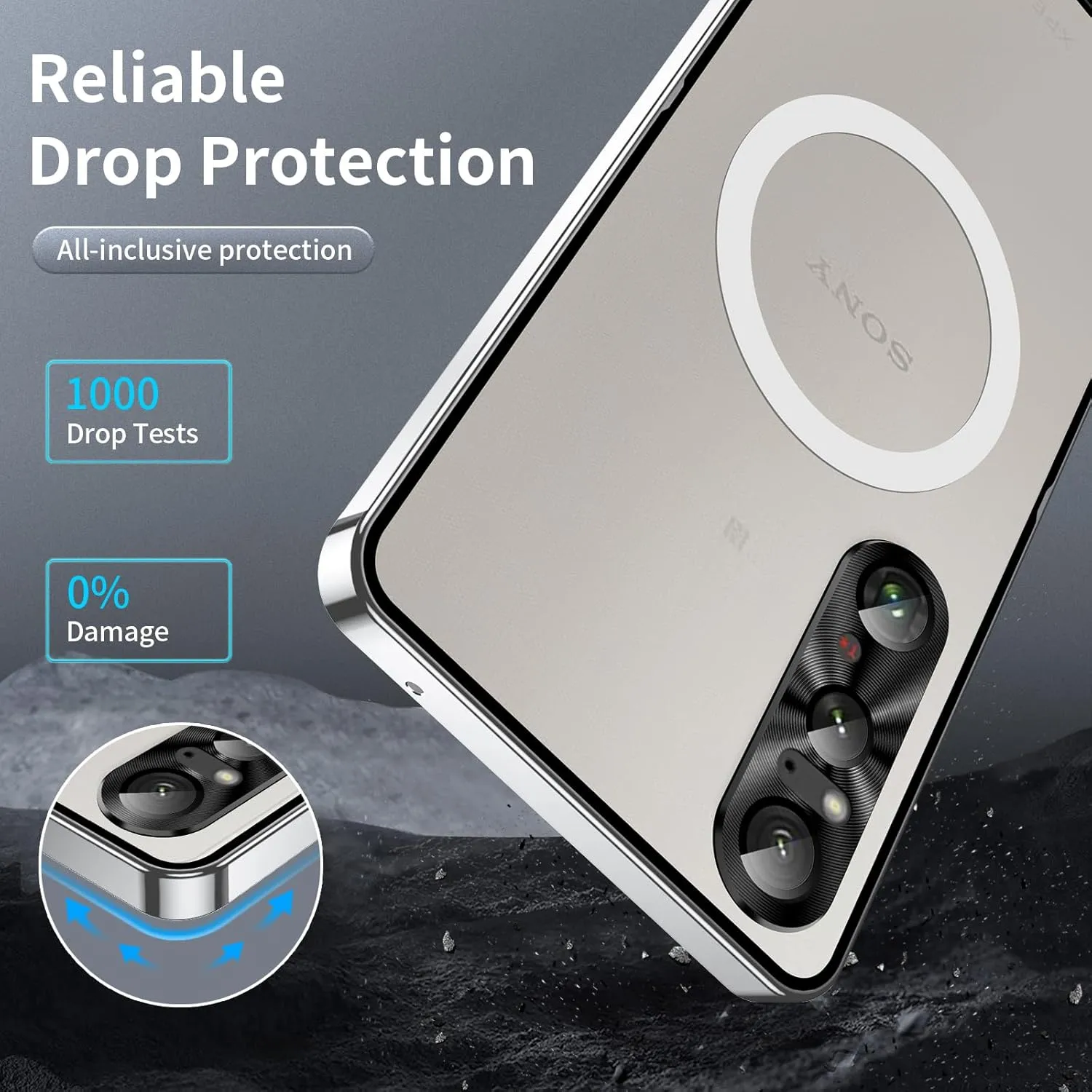 Metal Case for Sony Xperia 1 VI (2024), Military-Grade Metal Bumper Shockproof Translucent Cover Matte PC Back Cover with Magnetic Wireless Chager Camera Lens Protection (Silver)