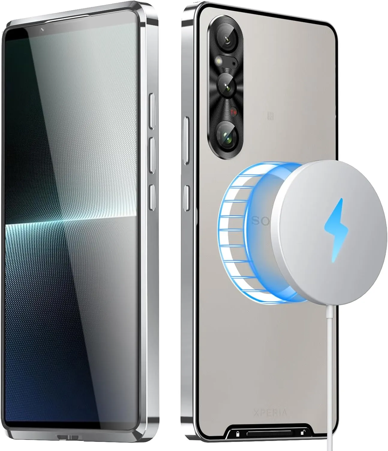 Metal Case for Sony Xperia 1 VI (2024), Military-Grade Metal Bumper Shockproof Translucent Cover Matte PC Back Cover with Magnetic Wireless Chager Camera Lens Protection (Silver)