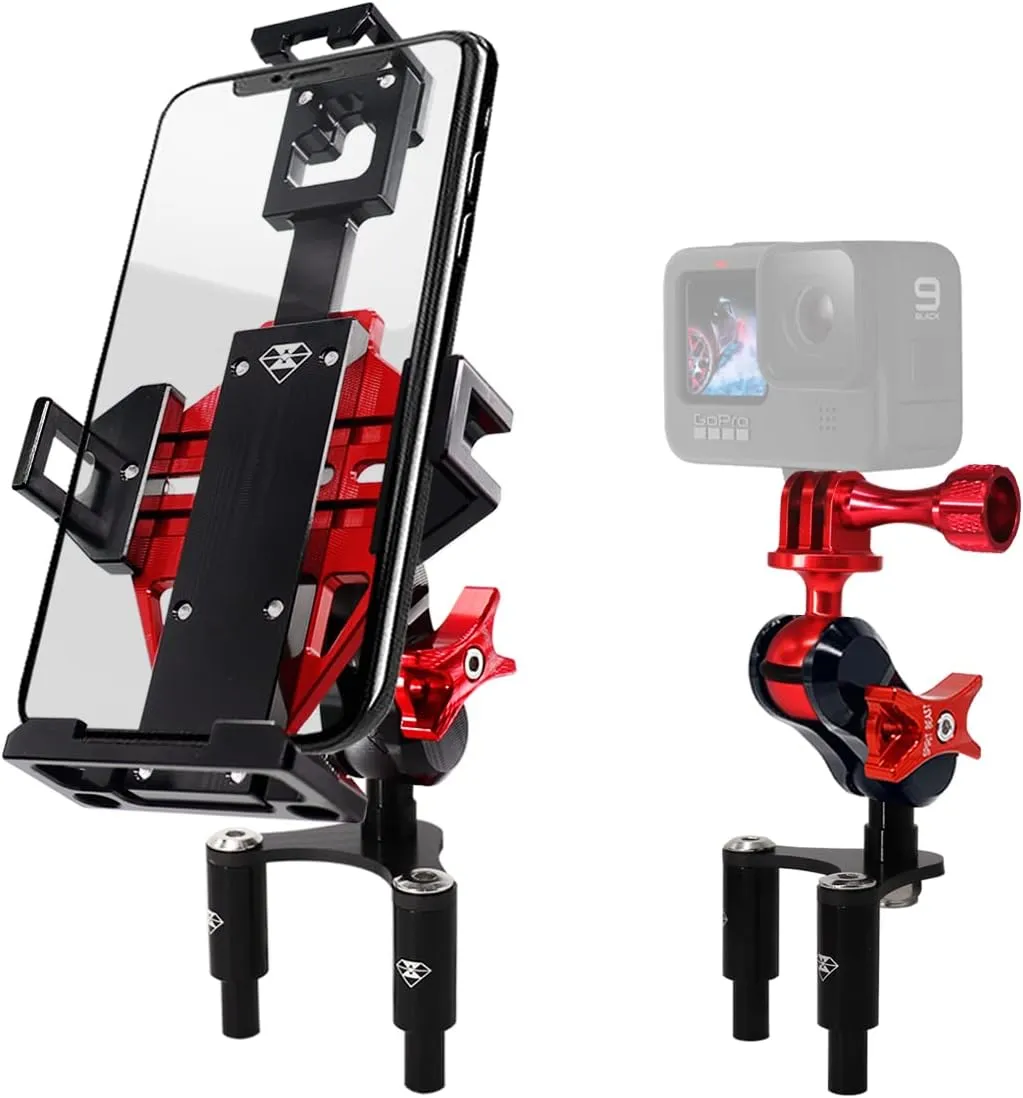 Metal Motorcycle Phone Mount Holder with Action Camera Mount, Fits Ducati Panigale V4, V4S, 959, 939/950(Super Sport/S), 848, 899, 1199, 1299, Sturdy and Heavy Duty (Red)