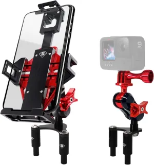 Metal Motorcycle Phone Mount Holder with Action Camera Mount, Fits Ducati Panigale V4, V4S, 959, 939/950(Super Sport/S), 848, 899, 1199, 1299, Sturdy and Heavy Duty (Red)