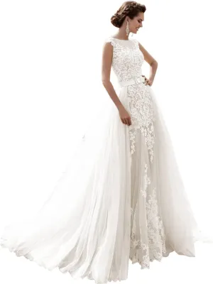 Miao Duo Mermaid Lace Cap Wedding Dress with Detachable Tulle Train for Bride Evening Prom Gown MDPM20