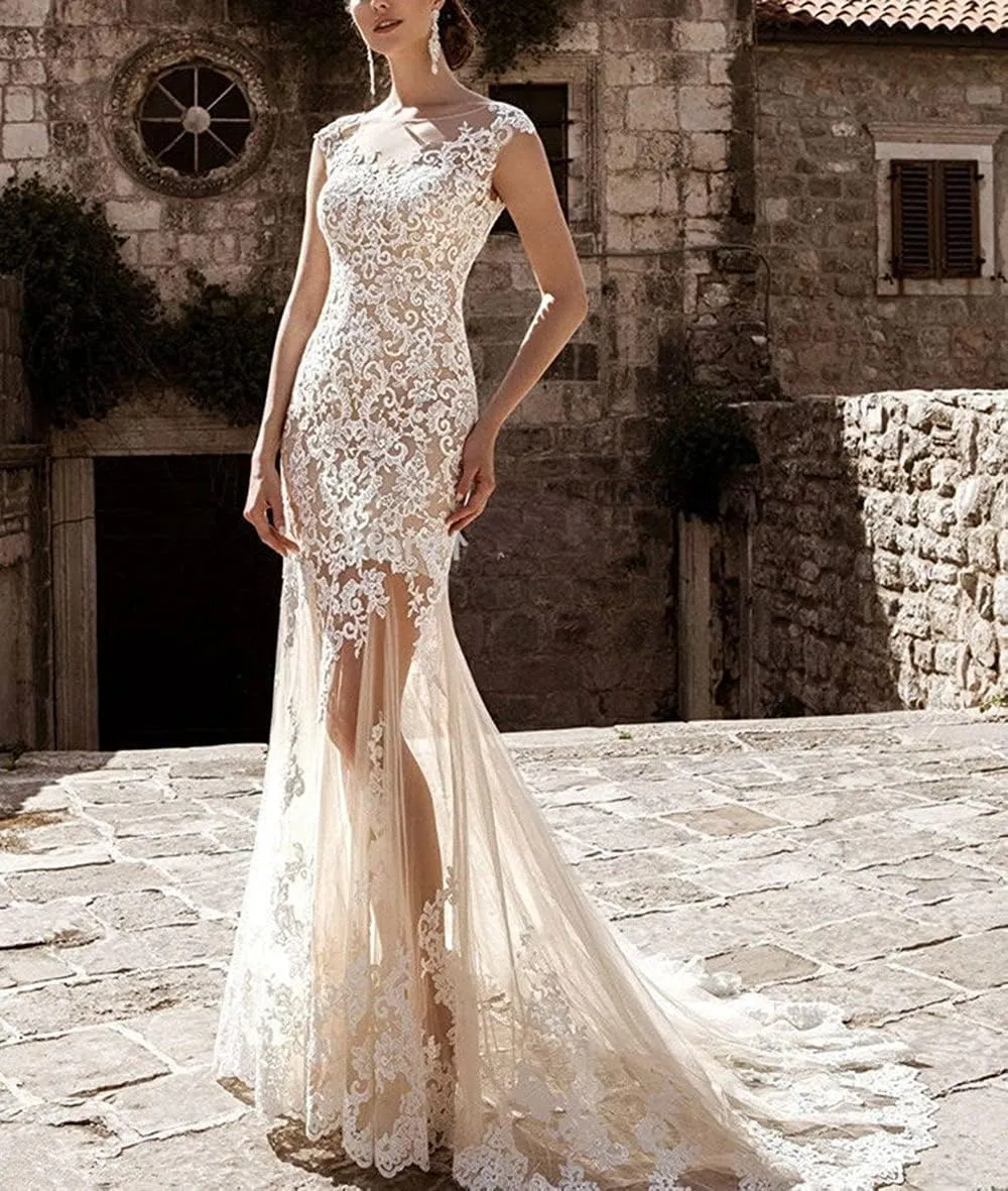 Miao Duo Mermaid Lace Cap Wedding Dress with Detachable Tulle Train for Bride Evening Prom Gown MDPM20