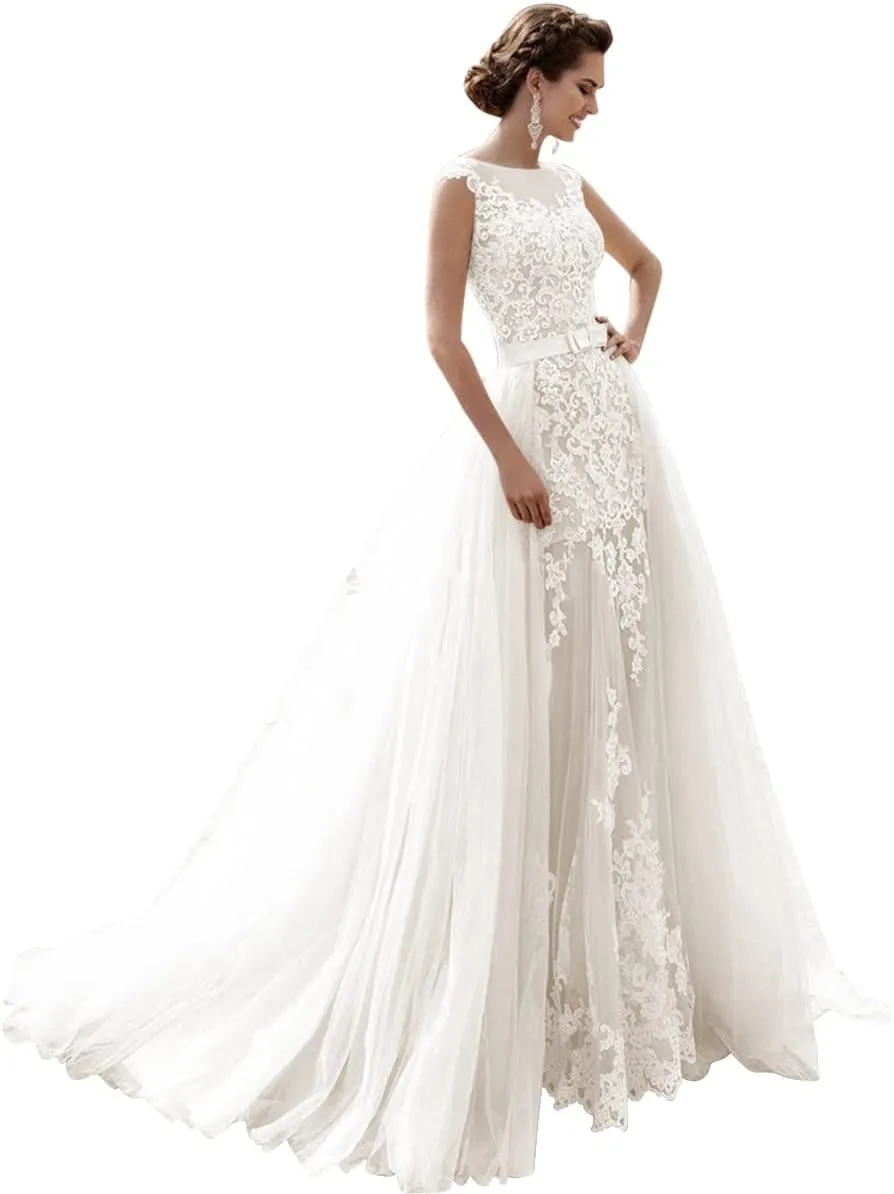 Miao Duo Mermaid Lace Cap Wedding Dress with Detachable Tulle Train for Bride Evening Prom Gown MDPM20