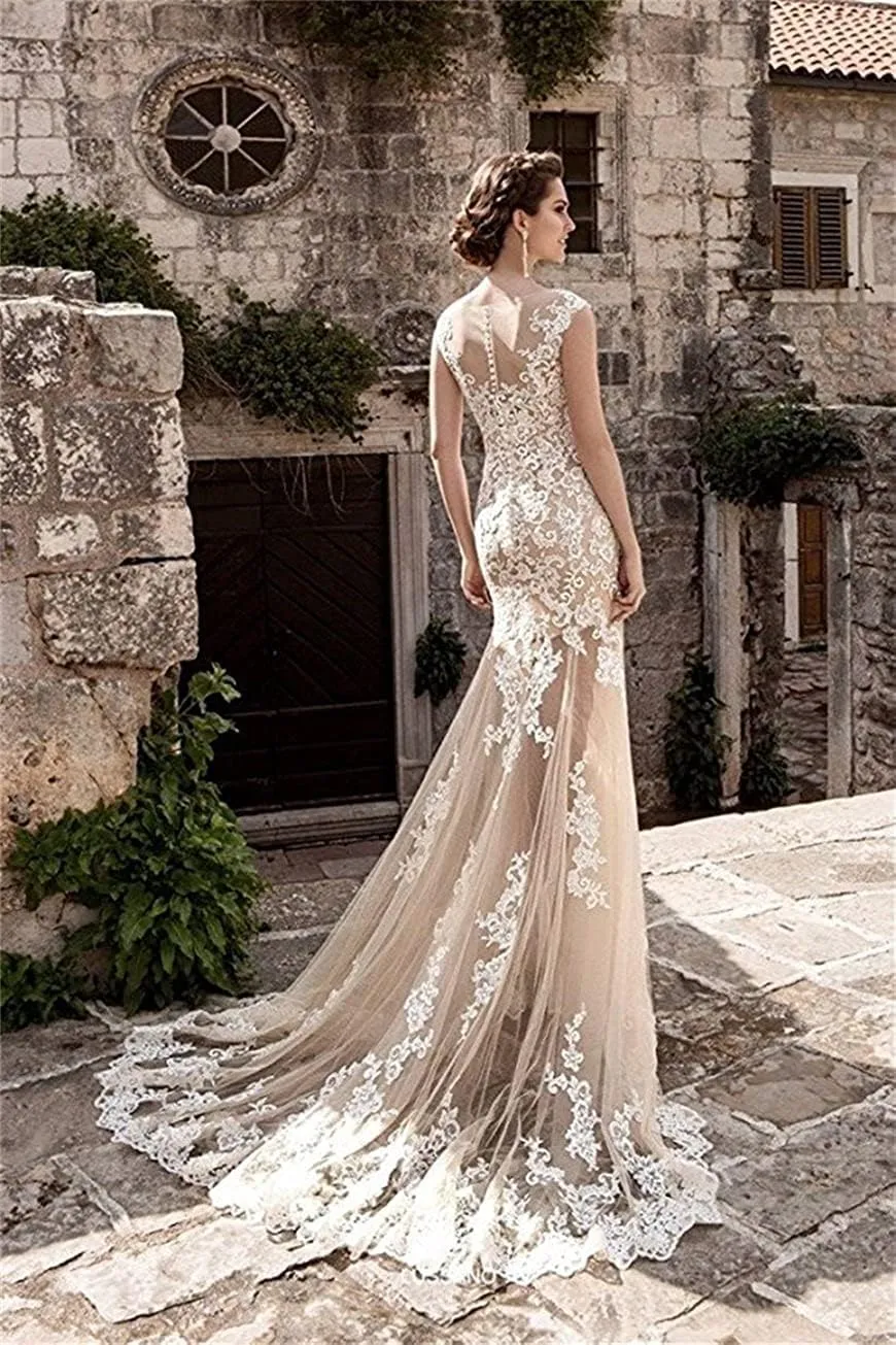 Miao Duo Mermaid Lace Cap Wedding Dress with Detachable Tulle Train for Bride Evening Prom Gown MDPM20