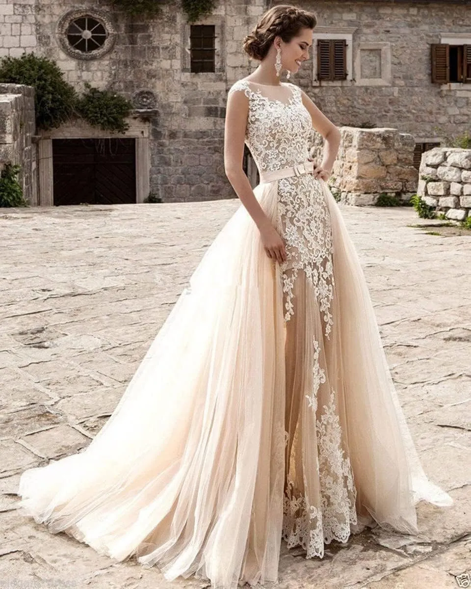 Miao Duo Mermaid Lace Cap Wedding Dress with Detachable Tulle Train for Bride Evening Prom Gown MDPM20