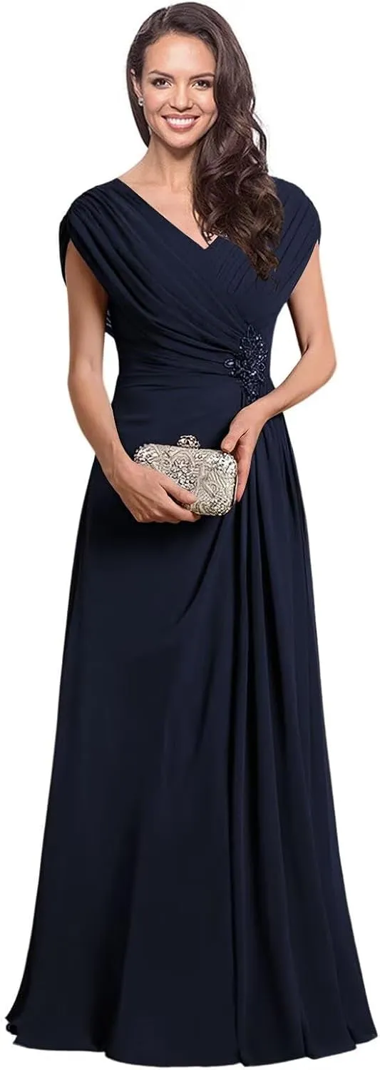 Miao Duo Women's Cap Sleeves Mother of The Bride Dress 2025 Chiffon Long Ruched A Line Formal Dresses YZTS122