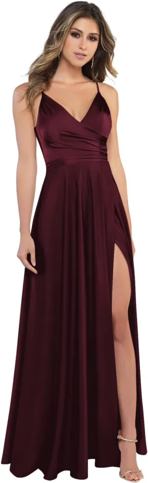 Miao Duo Women's V Neck Satin Bridesmaid Dresses with Slit Spaghetti Straps Formal Prom Gowns with Pockets MDPM96