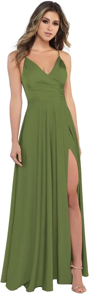 Miao Duo Women's V Neck Satin Bridesmaid Dresses with Slit Spaghetti Straps Formal Prom Gowns with Pockets MDPM96