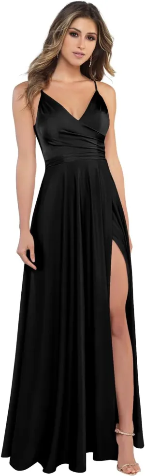 Miao Duo Women's V Neck Satin Bridesmaid Dresses with Slit Spaghetti Straps Formal Prom Gowns with Pockets MDPM96