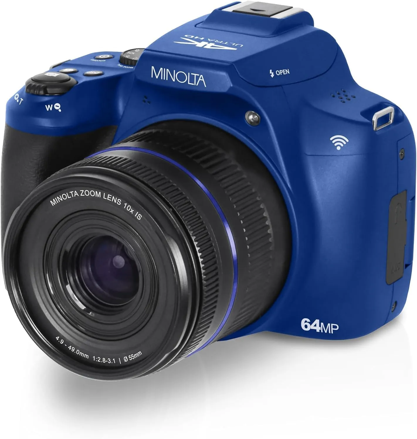 Minolta 64 Mega Pixels Auto Focus Digital Camera with 10x Optical Zoom, 4K Ultra HD Video and Macro Shooting, Bundle with 32 GB Memory Card   Vlogging Tripod   Cleaning kit   More Accessories (Blue)