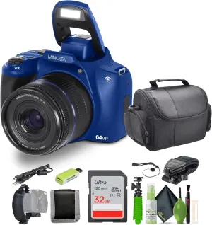 Minolta 64 Mega Pixels Auto Focus Digital Camera with 10x Optical Zoom, 4K Ultra HD Video and Macro Shooting, Bundle with 32 GB Memory Card   Vlogging Tripod   Cleaning kit   More Accessories (Blue)