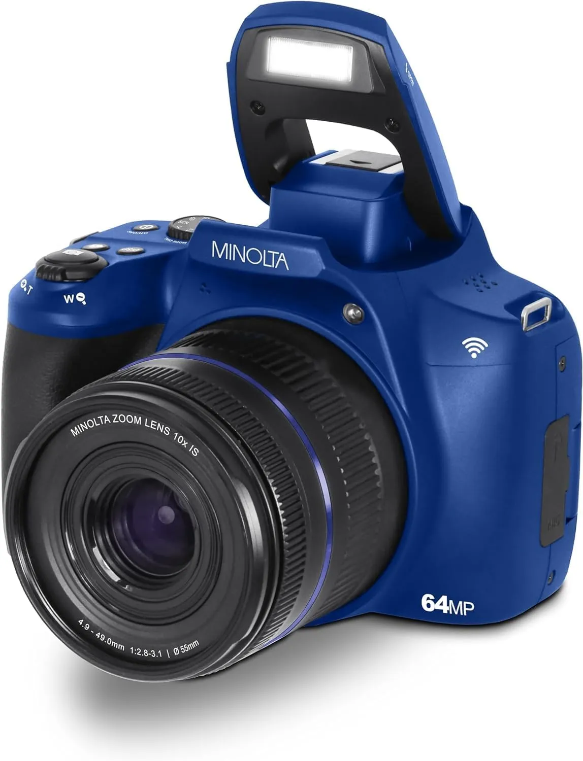 Minolta 64 Mega Pixels Auto Focus Digital Camera with 10x Optical Zoom, 4K Ultra HD Video and Macro Shooting, Bundle with 32 GB Memory Card   Vlogging Tripod   Cleaning kit   More Accessories (Blue)