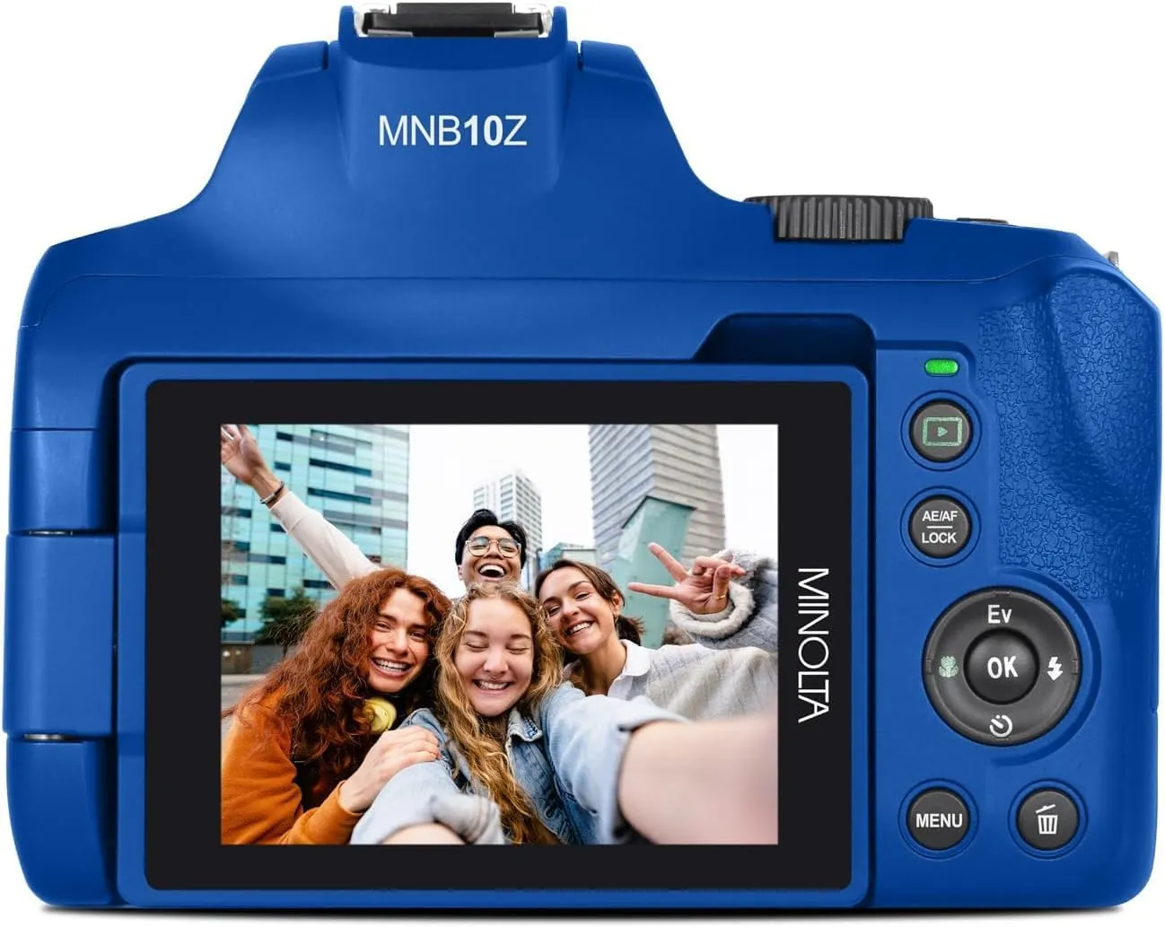 Minolta 64 Mega Pixels Auto Focus Digital Camera with 10x Optical Zoom, 4K Ultra HD Video and Macro Shooting, Bundle with 32 GB Memory Card   Vlogging Tripod   Cleaning kit   More Accessories (Blue)