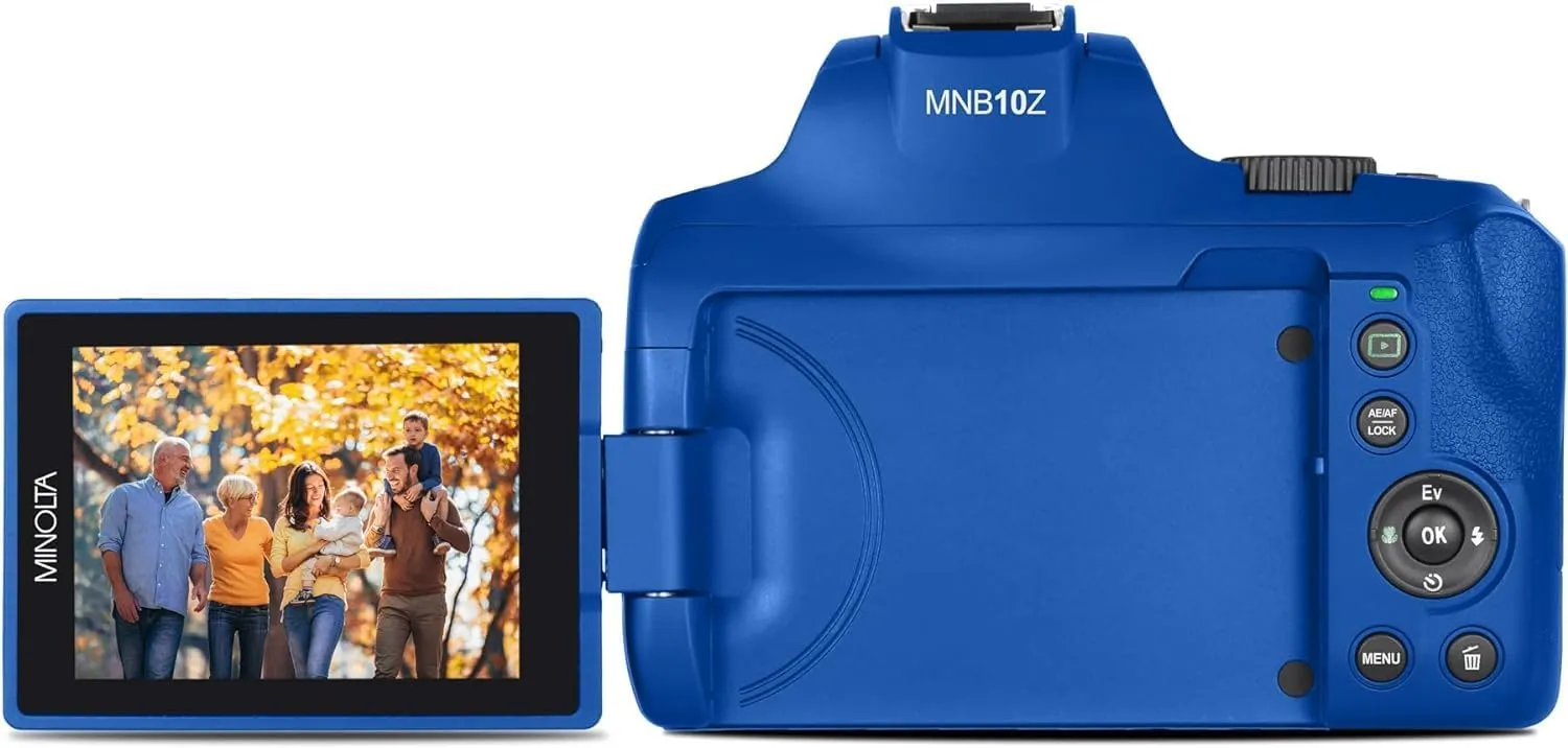 Minolta 64 Mega Pixels Auto Focus Digital Camera with 10x Optical Zoom, 4K Ultra HD Video and Macro Shooting, Bundle with 32 GB Memory Card   Vlogging Tripod   Cleaning kit   More Accessories (Blue)