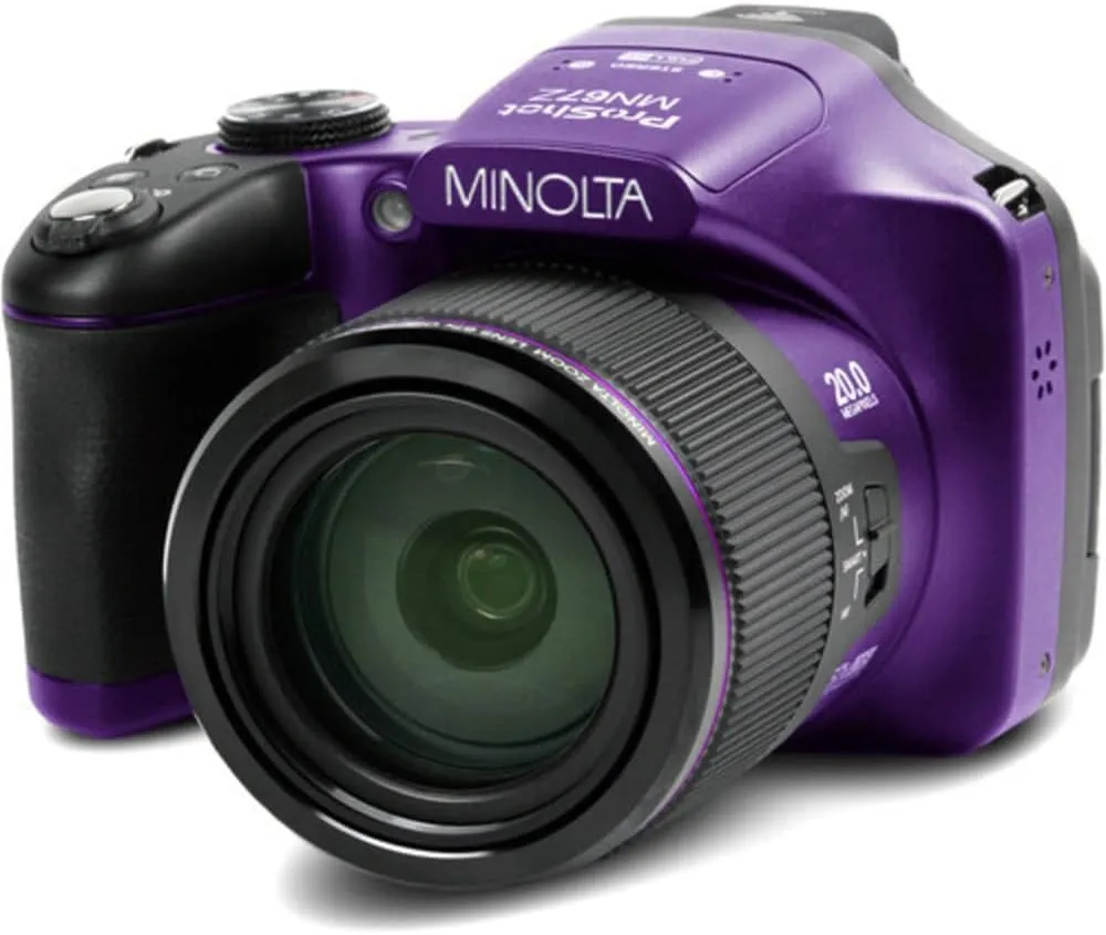 Minolta Pro Shot 20MP Digital Camera – 67x Optical Zoom, Full 1080p HD Video, Optical Image Stabilization, Wi-Fi, 3-inch Articulating LCD Screen, 27 Scene Modes – Includes 16GB SD Card (Purple)