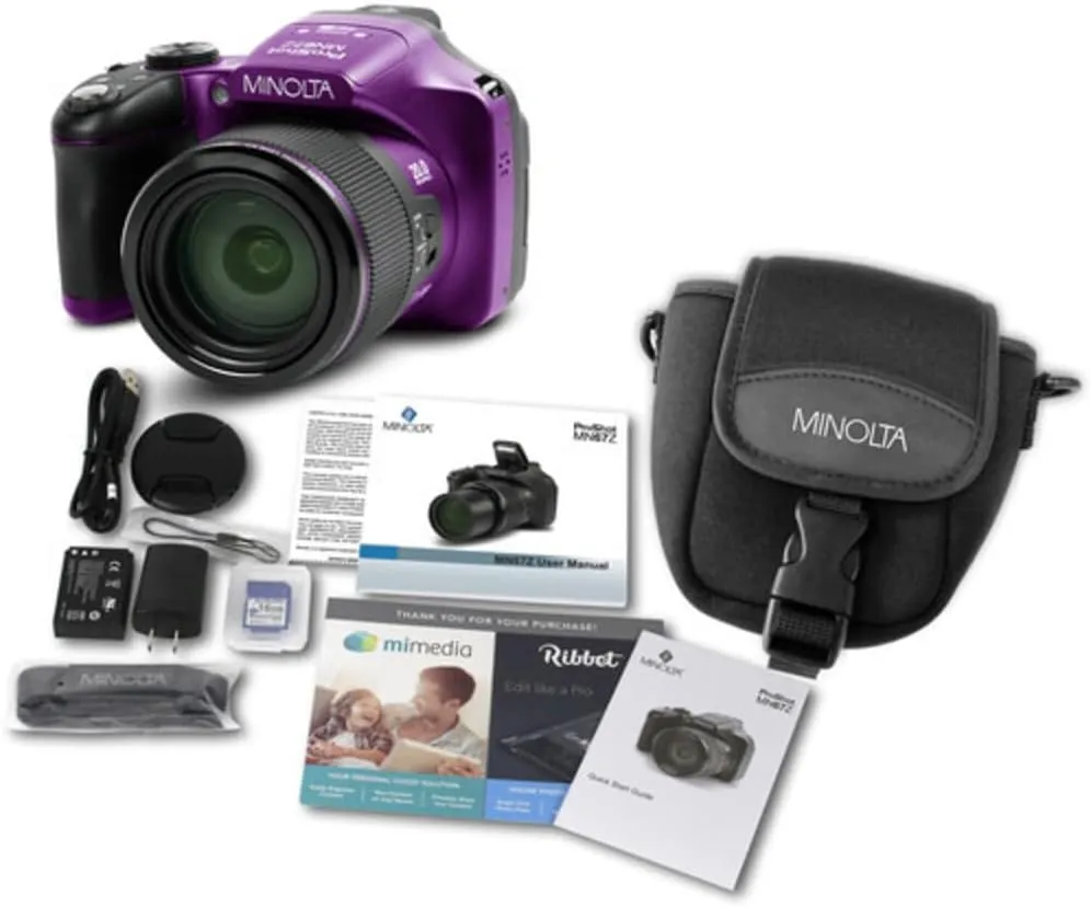 Minolta Pro Shot 20MP Digital Camera – 67x Optical Zoom, Full 1080p HD Video, Optical Image Stabilization, Wi-Fi, 3-inch Articulating LCD Screen, 27 Scene Modes – Includes 16GB SD Card (Purple)