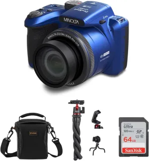 Minolta ProShot MN40Z 20MP Full HD Camera with 40x Optical Zoom, Blue, Bundle with MT-11 Multifunctional Octopus Tripod, 64GB SDXC Memory Card and Shoulder Bag
