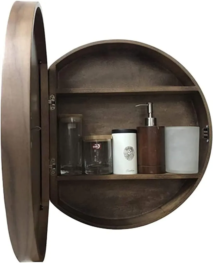 Mirror Bathroom Mirror Cabinet Round Wooden Bathroom Mirror Cabinet 2 in 1 Cosmetic Fashion and Simplicity Unique Style Makeup Mirror Gift Black Diameter 50cm (Walnut)