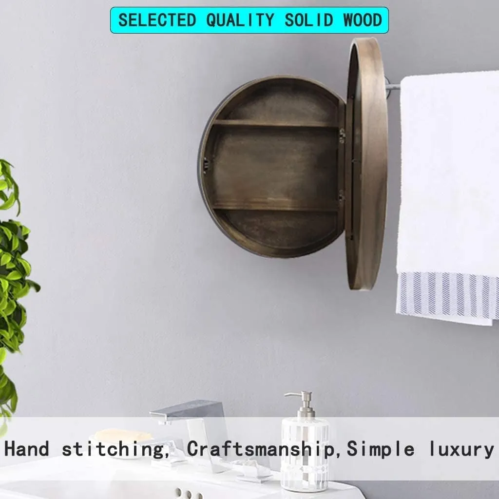 Mirror Bathroom Mirror Cabinet Round Wooden Bathroom Mirror Cabinet 2 in 1 Cosmetic Fashion and Simplicity Unique Style Makeup Mirror Gift Black Diameter 50cm (Walnut)