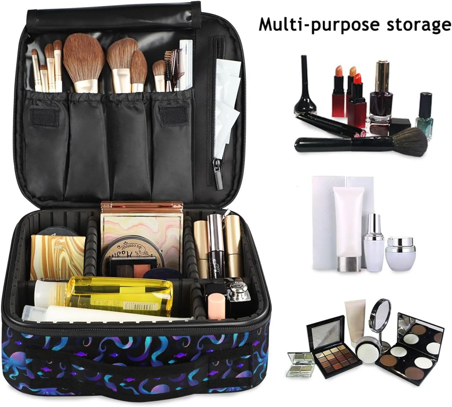 MNSRUU Travel Makeup Bag, Octopus Women Makeup Case Organizer Cosmetic Toiletry Bag for Teenage Girl with Adjustable Dividers