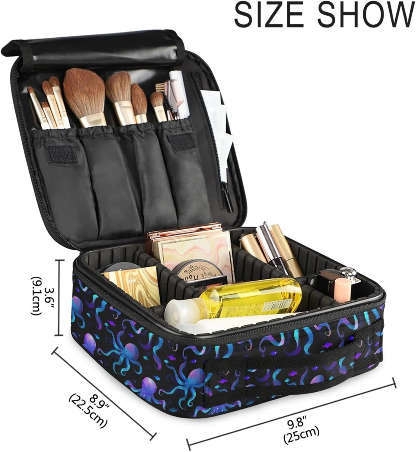 MNSRUU Travel Makeup Bag, Octopus Women Makeup Case Organizer Cosmetic Toiletry Bag for Teenage Girl with Adjustable Dividers