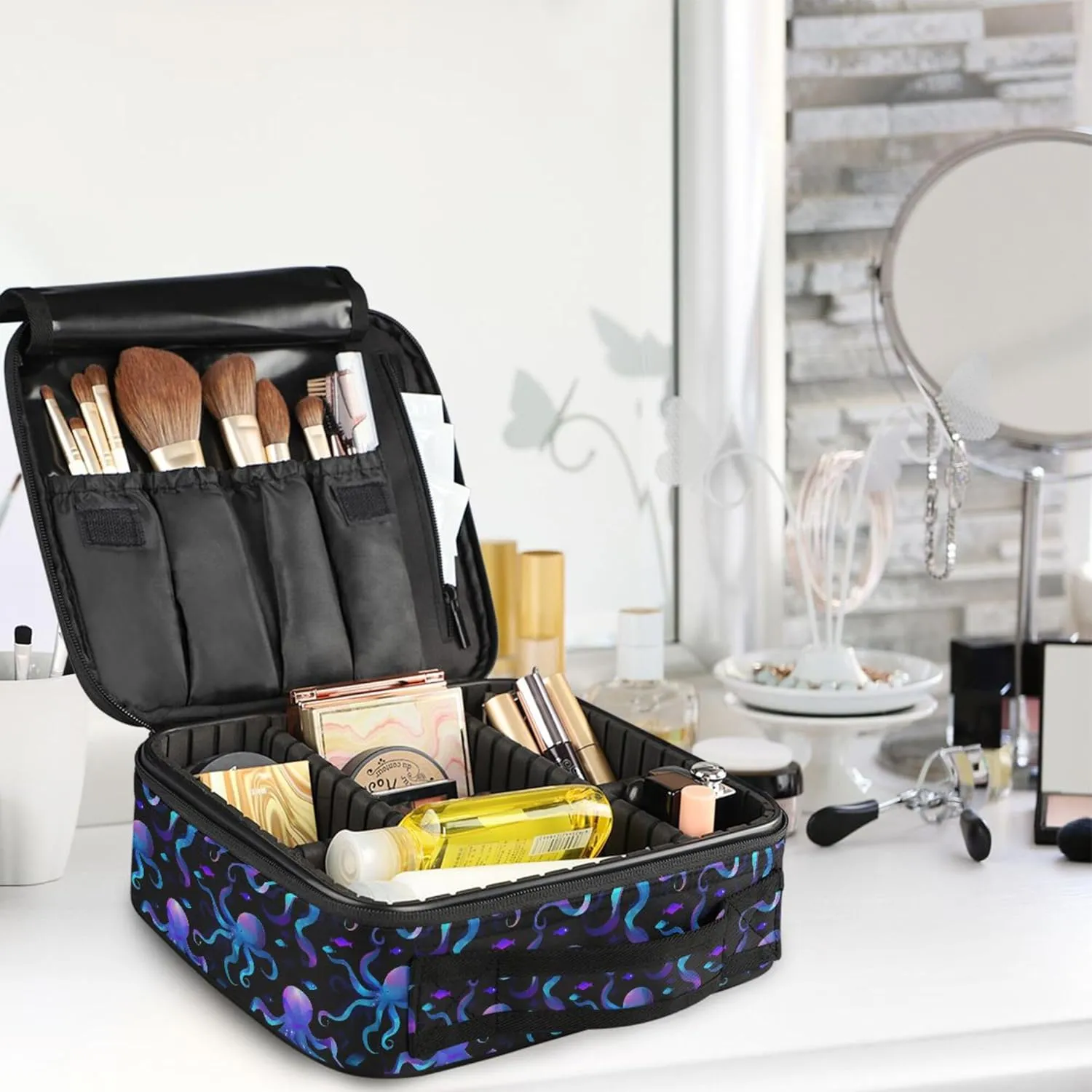 MNSRUU Travel Makeup Bag, Octopus Women Makeup Case Organizer Cosmetic Toiletry Bag for Teenage Girl with Adjustable Dividers