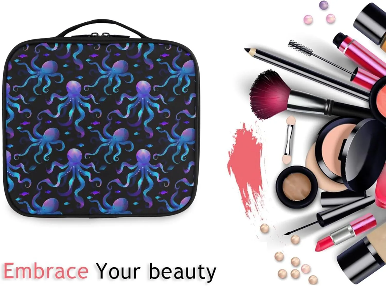 MNSRUU Travel Makeup Bag, Octopus Women Makeup Case Organizer Cosmetic Toiletry Bag for Teenage Girl with Adjustable Dividers