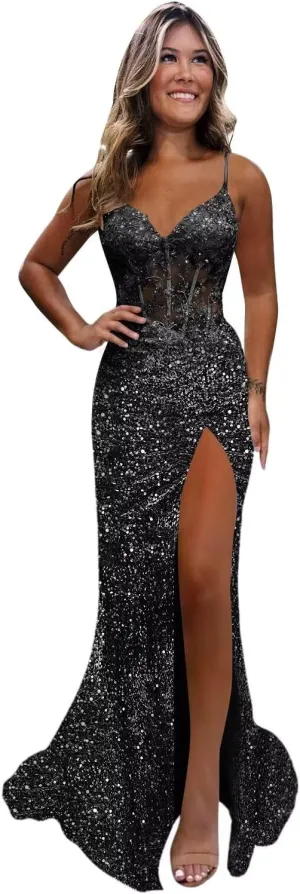 Monvelli Appliques Sparkly Sequin Prom Dress Long Ball Gown 2025 Mermaid V Neck Formal Evening Dress with Slit