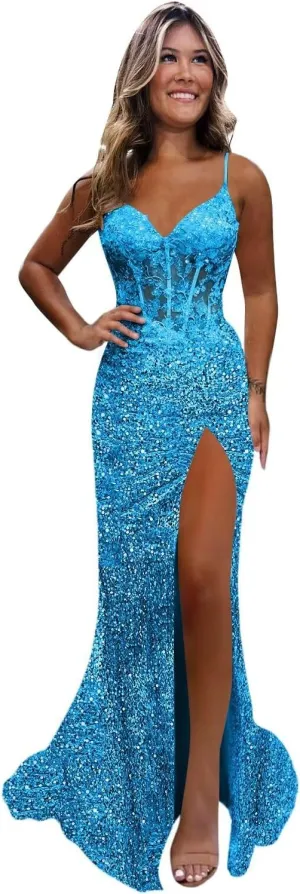 Monvelli Appliques Sparkly Sequin Prom Dress Long Ball Gown 2025 Mermaid V Neck Formal Evening Dress with Slit