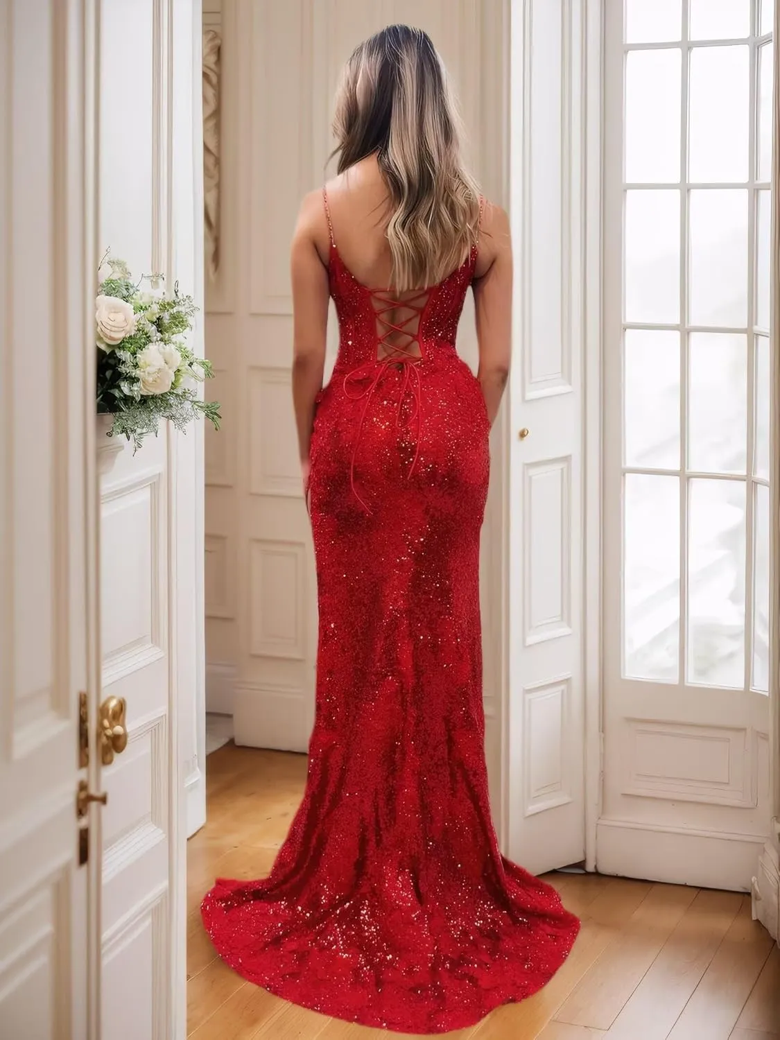 Monvelli Appliques Sparkly Sequin Prom Dress Long Ball Gown 2025 Mermaid V Neck Formal Evening Dress with Slit