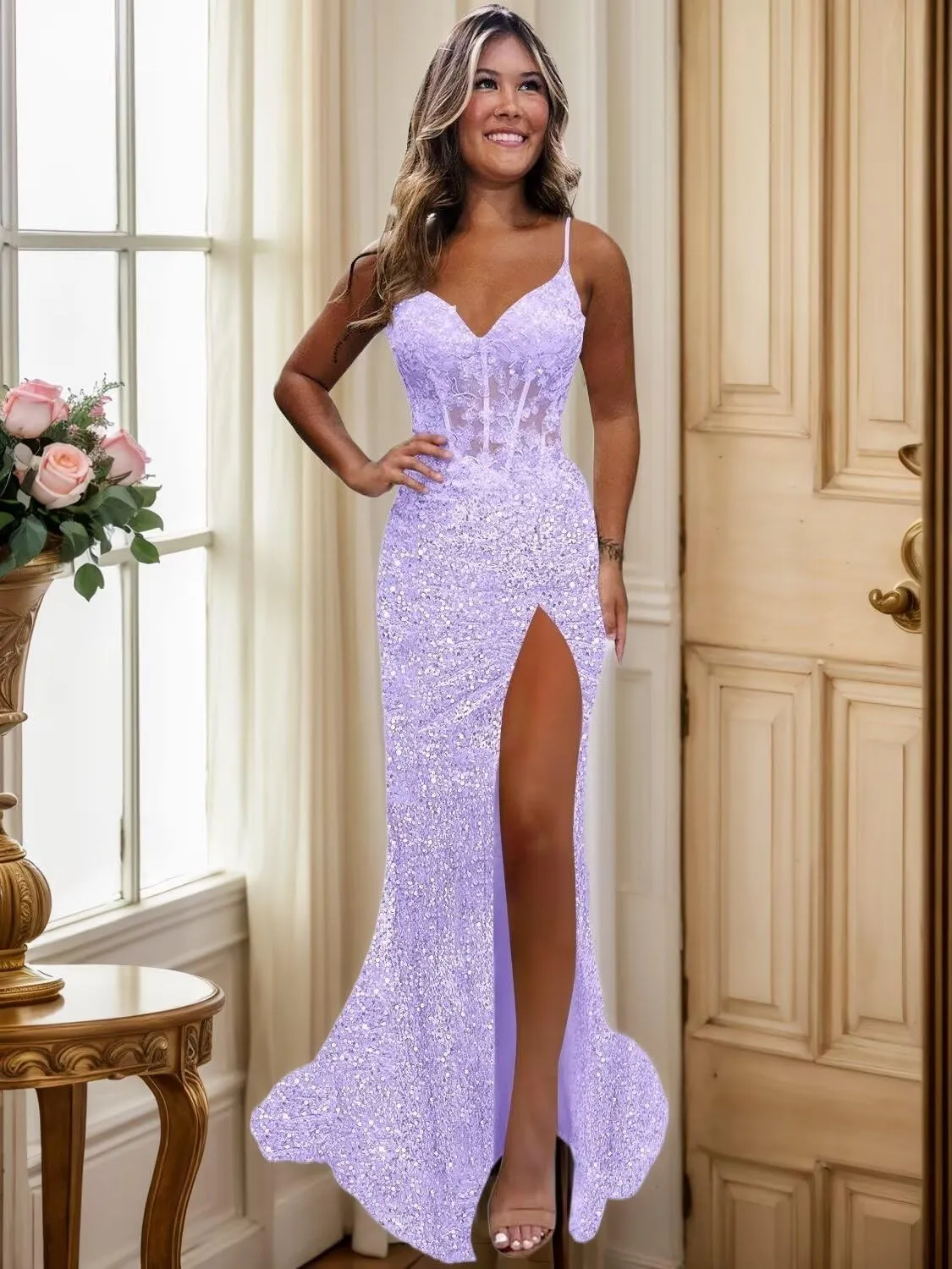 Monvelli Appliques Sparkly Sequin Prom Dress Long Ball Gown 2025 Mermaid V Neck Formal Evening Dress with Slit