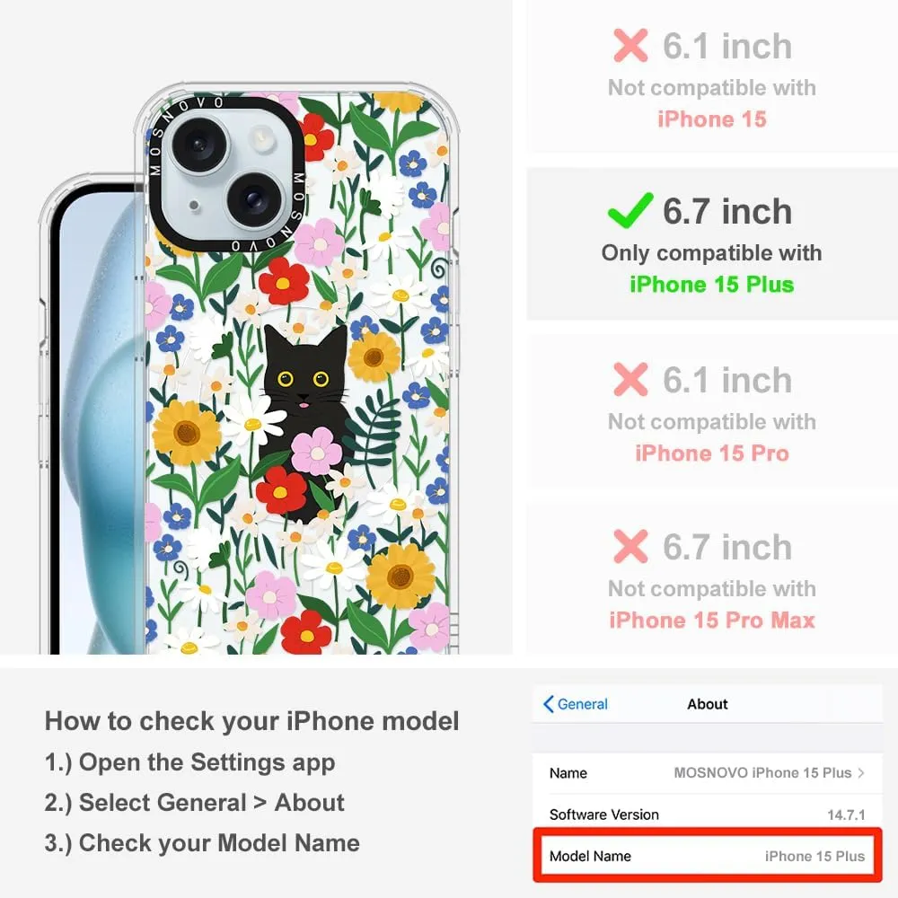 MOSNOVO Case for iPhone 15 Plus/iPhone 14 Plus, [Compatible with Magsafe] [Buffertech 6.6ft Military-Grade Drop Protection] [Anti Peel Off Tech] Clear Phone Case Design - Black Cat in Garden