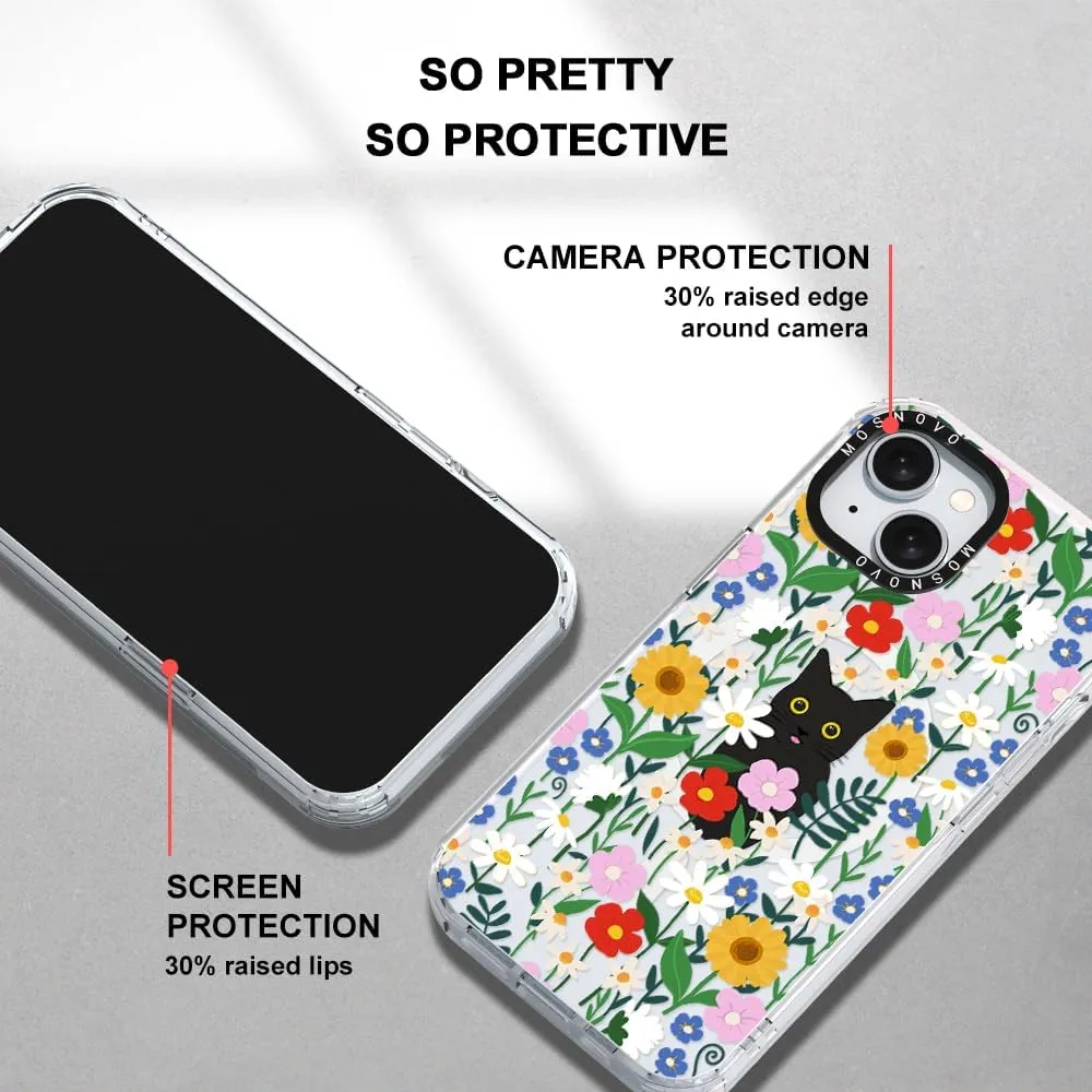 MOSNOVO Case for iPhone 15 Plus/iPhone 14 Plus, [Compatible with Magsafe] [Buffertech 6.6ft Military-Grade Drop Protection] [Anti Peel Off Tech] Clear Phone Case Design - Black Cat in Garden