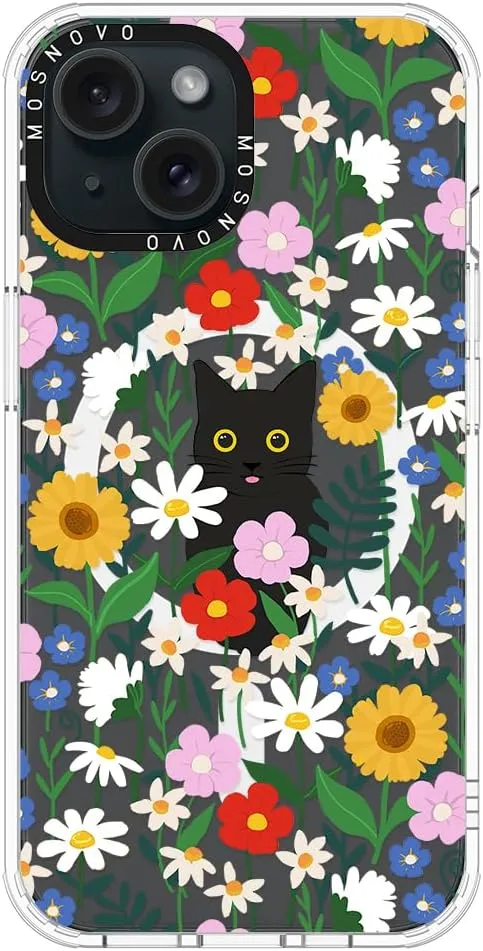 MOSNOVO Case for iPhone 15 Plus/iPhone 14 Plus, [Compatible with Magsafe] [Buffertech 6.6ft Military-Grade Drop Protection] [Anti Peel Off Tech] Clear Phone Case Design - Black Cat in Garden