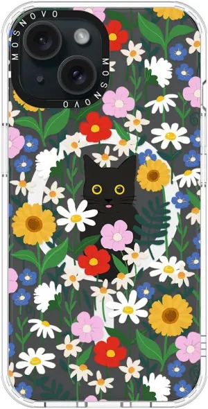 MOSNOVO Case for iPhone 15 Plus/iPhone 14 Plus, [Compatible with Magsafe] [Buffertech 6.6ft Military-Grade Drop Protection] [Anti Peel Off Tech] Clear Phone Case Design - Black Cat in Garden