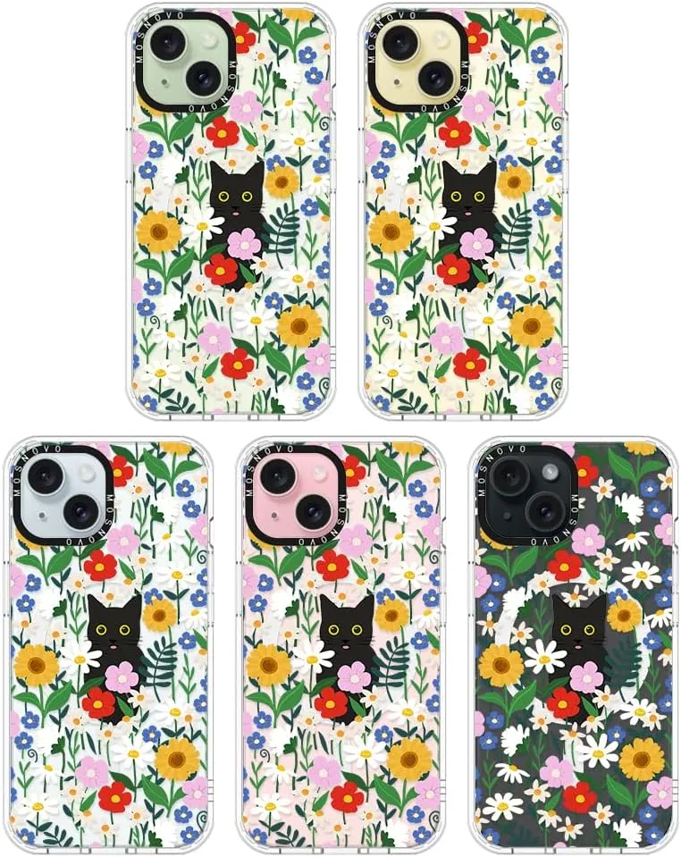 MOSNOVO Case for iPhone 15 Plus/iPhone 14 Plus, [Compatible with Magsafe] [Buffertech 6.6ft Military-Grade Drop Protection] [Anti Peel Off Tech] Clear Phone Case Design - Black Cat in Garden