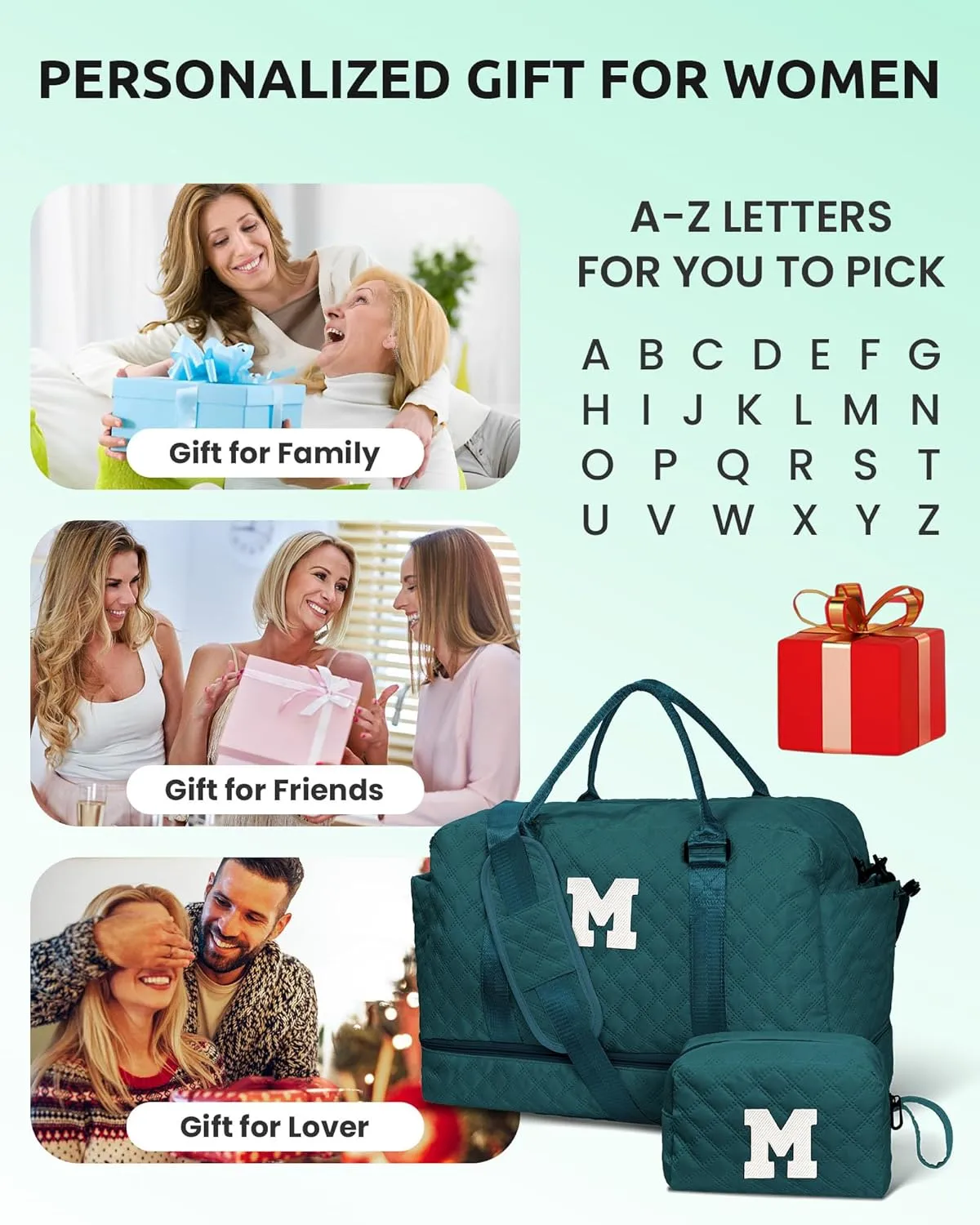 Mothers Day Gift, Woman Duffel Bag with Shoe Compartment, Personalized Weekender Bag, Monogram Overnight Bag for Women, Letter Travel Bag with Makeup Bag Bride Gifts (Letter D)