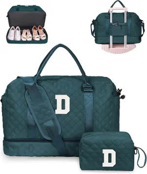 Mothers Day Gift, Woman Duffel Bag with Shoe Compartment, Personalized Weekender Bag, Monogram Overnight Bag for Women, Letter Travel Bag with Makeup Bag Bride Gifts (Letter D)